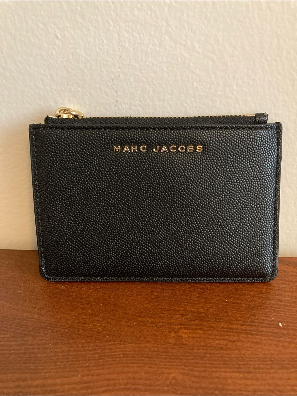 Marc Jacobs Black Pebbled Leather Zip Card Pouch with Gold Logo
